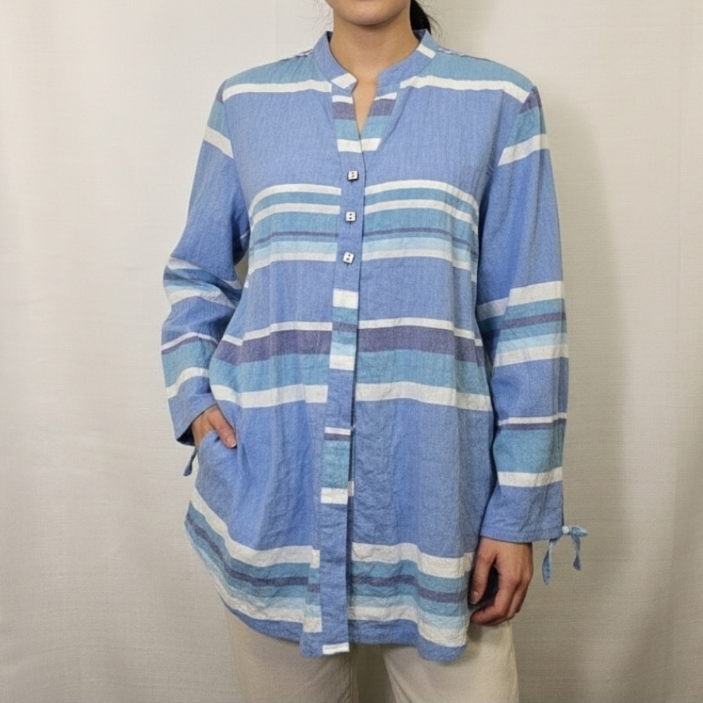 Habitat Women's Blue Striped Tunic Blouse‎ Shirt Long Sleeve Size Medium